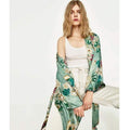 New Vintage Pareo Retro Floral Print Green Long Kimono Jacket Long Sleeve Cardigan Maxi Shawl Summer Tops Belted Beachwear AExp