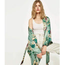New Vintage Pareo Retro Floral Print Green Long Kimono Jacket Long Sleeve Cardigan Maxi Shawl Summer Tops Belted Beachwear AExp