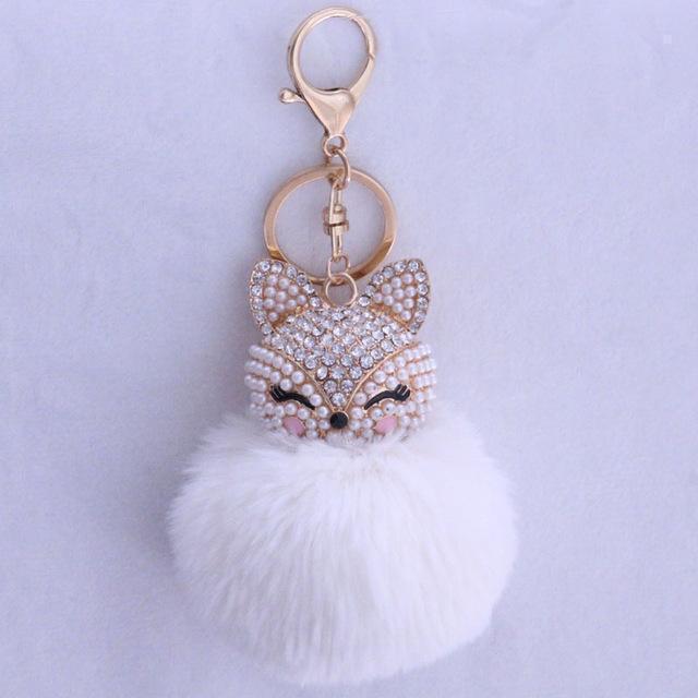 New Women Crystal fluffy Keychain Fox Pompom Key Ring llavero Pom  Rabbit Fur Ball Key Chain Bag Chaveiro Femme Porte clef AExp