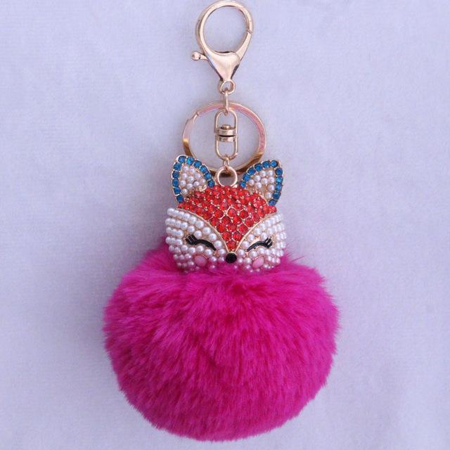 New Women Crystal fluffy Keychain Fox Pompom Key Ring llavero Pom Rabbit Fur Ball Key Chain Bag Chaveiro Femme Porte clef-rose red-JadeMoghul Inc.