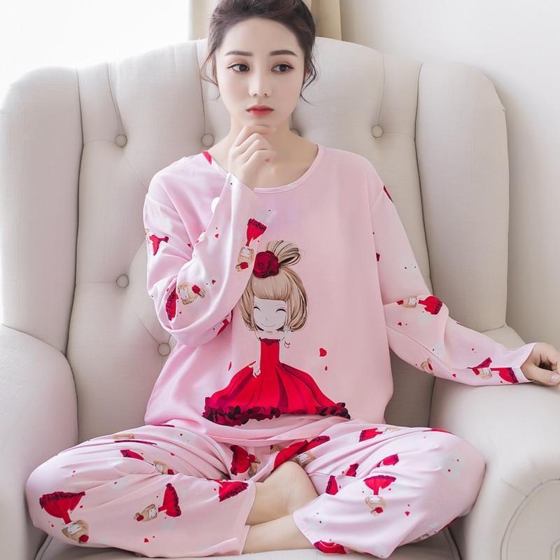 New Women Pajamas Sets autumn winter Sleeve Thin Cartoon Print Cute Loose Sleepwear Girl pijamas Mujer Leisure Nightgown Women AExp