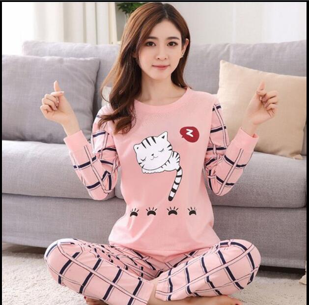 New Women Pajamas Sets autumn winter Sleeve Thin Cartoon Print Cute Loose Sleepwear Girl pijamas Mujer Leisure Nightgown Women AExp