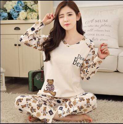 New Women Pajamas Sets autumn winter Sleeve Thin Cartoon Print Cute Loose Sleepwear Girl pijamas Mujer Leisure Nightgown Women AExp
