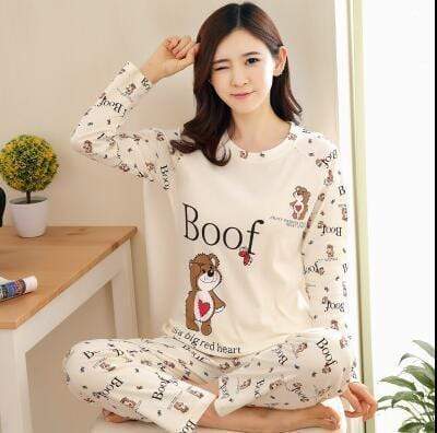New Women Pajamas Sets autumn winter Sleeve Thin Cartoon Print Cute Loose Sleepwear Girl pijamas Mujer Leisure Nightgown Women AExp