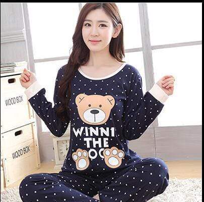New Women Pajamas Sets autumn winter Sleeve Thin Cartoon Print Cute Loose Sleepwear Girl pijamas Mujer Leisure Nightgown Women AExp
