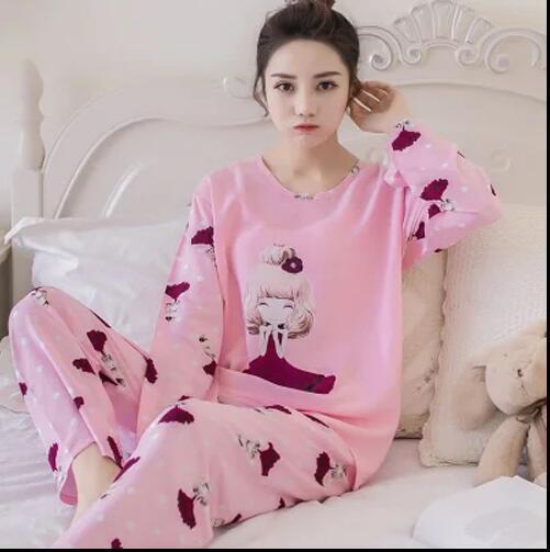 New Women Pajamas Sets autumn winter Sleeve Thin Cartoon Print Cute Loose Sleepwear Girl pijamas Mujer Leisure Nightgown Women AExp