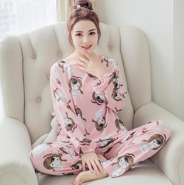 New Women Pajamas Sets autumn winter Sleeve Thin Cartoon Print Cute Loose Sleepwear Girl pijamas Mujer Leisure Nightgown Women-C Y nv hai-M-JadeMoghul Inc.