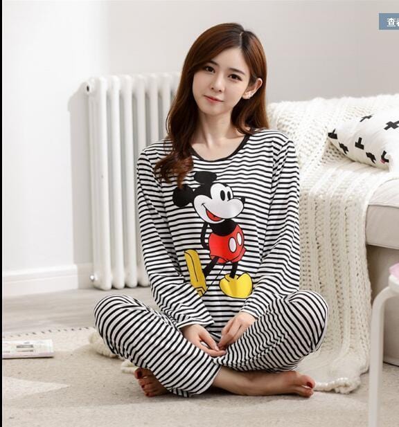 New Women Pajamas Sets autumn winter Sleeve Thin Cartoon Print Cute Loose Sleepwear Girl pijamas Mujer Leisure Nightgown Women-C Y tiao wen mi qi-XL-JadeMoghul Inc.