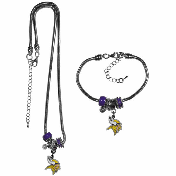 NFL - Minnesota Vikings Euro Bead Necklace and Bracelet Set-Jewelry & Accessories,NFL Jewelry,Minnesota Vikings Jewelry-JadeMoghul Inc.