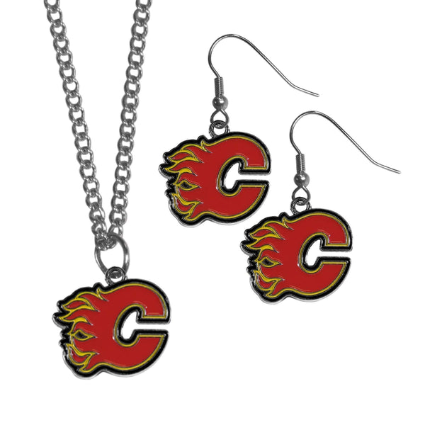 NHL - Calgary Flames Dangle Earrings and Chain Necklace Set-Jewelry & Accessories,Jewelry Sets,Dangle Earrings & Chain Necklace-JadeMoghul Inc.