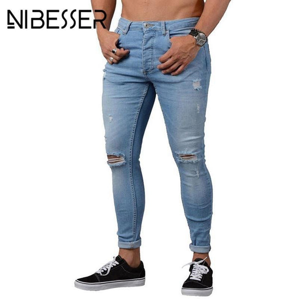 NIBESSER Skinny Blue Jeans Men Autumn Vintage Denim Pencil Pants Casual Stretch Trousers 2018 Sexy Hole Ripped Male Zipper Jeans-Black 1-S-JadeMoghul Inc.