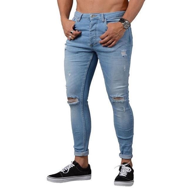 NIBESSER Skinny Blue Jeans Men Autumn Vintage Denim Pencil Pants Casual Stretch Trousers 2018 Sexy Hole Ripped Male Zipper Jeans-Blue 1-S-JadeMoghul Inc.