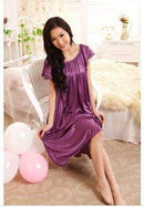 Night Dress For Women - Short Sleeves Silk Night Gown