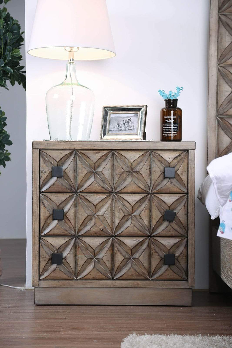 Transitional Wood Night Stand With Three  Drawers, Weathered Light Oak Brown