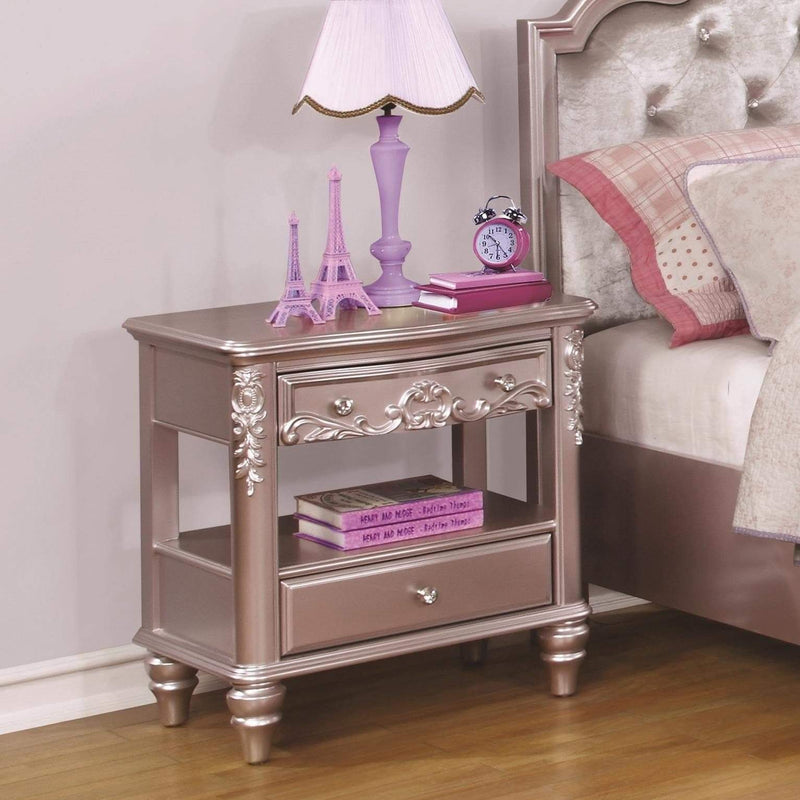 Wooden Carved Nightstand with 2 Drawers, Purple
