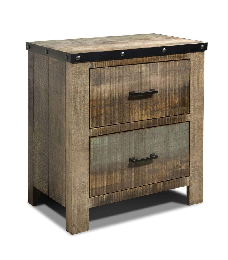 Wooden Nightstand with Rough-Sawn Design & Rivet Banding, Brown