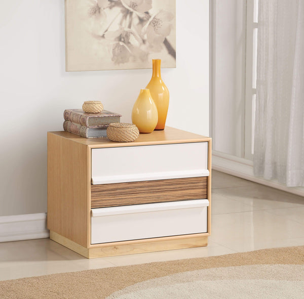 Wooden Nightstand with Two Drawers, White & Natural Wood Brown.