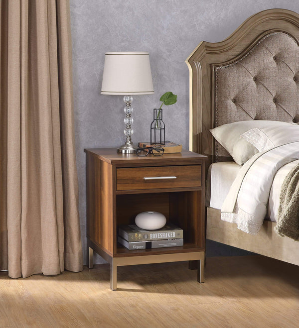 Nightstands Spacious Wooden Nightstand with Straight Leg Metal Stand, Walnut Brown and Silver Benzara