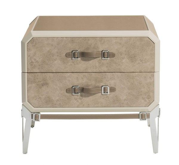 Nightstands Wood Nightstand - 18" X 28" X 25" Vintage Beige PU Wood Upholstered (Front) Metal Leg Veneer (Melamine) Nightstand HomeRoots
