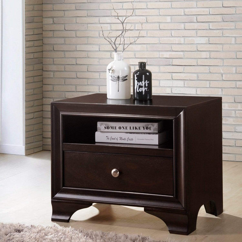 Wood Nightstand With 1 Drawer And Open Compartment in Espresso Brown