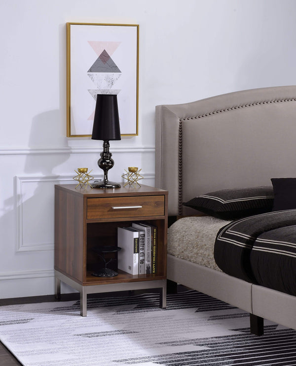 Wooden Nightstand with One Drawer and Open Bottom Shelf, Walnut Brown and Silver