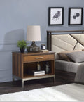 Wooden Nightstand with One Drawer and Open Bottom Storage Shelf, Brown and Silver