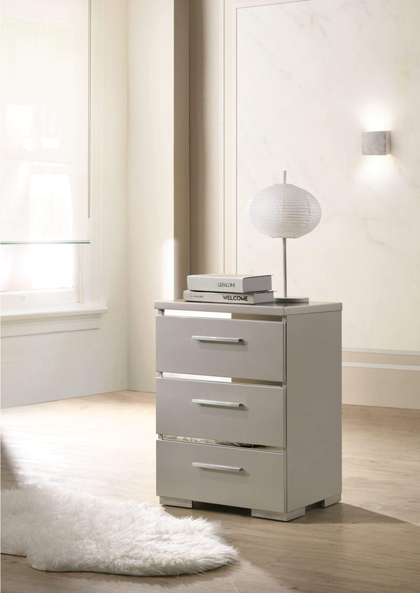 Wooden Nightstand with Three Spacious Drawers and Metal Handles, White and Silver
