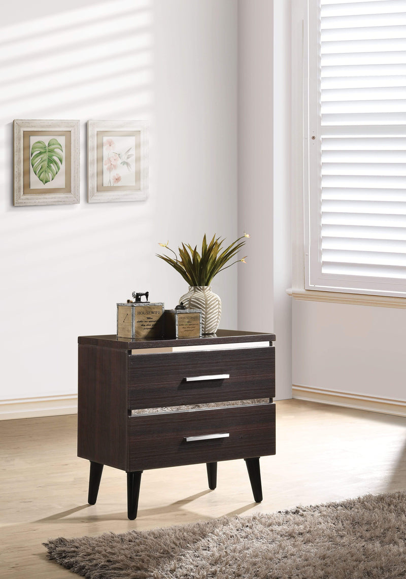 Wooden Nightstand with Two Spacious Drawers and Metal Handles, Cherry Brown and Silver