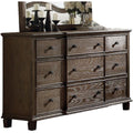 Nine Drawer Dresser With Round Knobs Side Metal Glide In Weathered Oak Finish-Bedroom Furniture-Brown-Wood Veneer-JadeMoghul Inc.