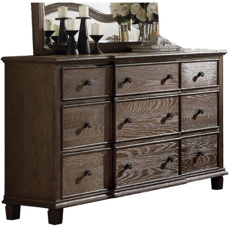 Nine Drawer Dresser With Round Knobs Side Metal Glide In Weathered Oak Finish-Bedroom Furniture-Brown-Wood Veneer-JadeMoghul Inc.