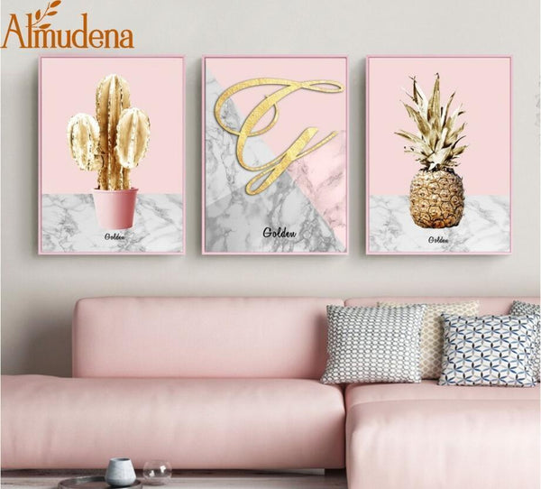 Nordic Pink Gold Pineapple Poster Golden Cactus Canvas Paintings for Living Room Modern Home Decoration Wall Art Pictures JadeMoghul Inc. 