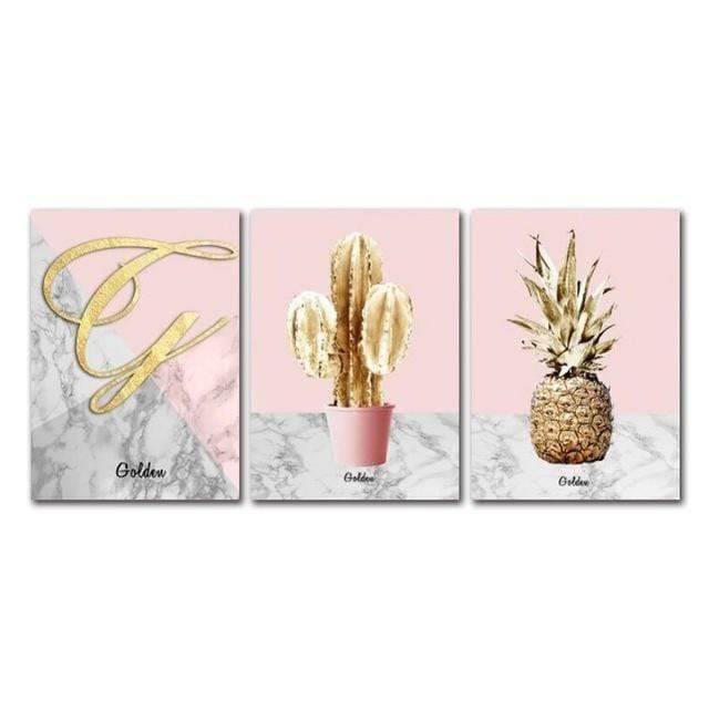 Nordic Pink Gold Pineapple Poster Golden Cactus Canvas Paintings for Living Room Modern Home Decoration Wall Art Pictures JadeMoghul Inc. 