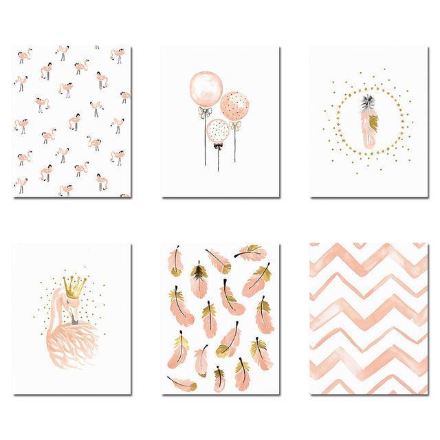 Nursery Girl Bedroom Decoration Flamingo Feather Wall Art Canvas Poster and Print Cartoon Painting Wall Pictures for Living Room-13x18cm No Frame-6 pcs Set-JadeMoghul Inc.