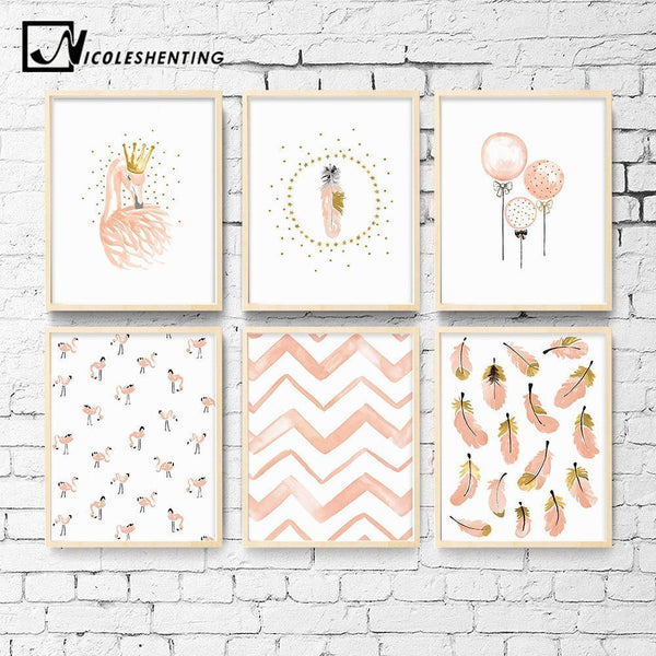 Nursery Girl Bedroom Decoration Flamingo Feather Wall Art Canvas Poster and Print Cartoon Painting Wall Pictures for Living Room-13x18cm No Frame-Picture 1-JadeMoghul Inc.