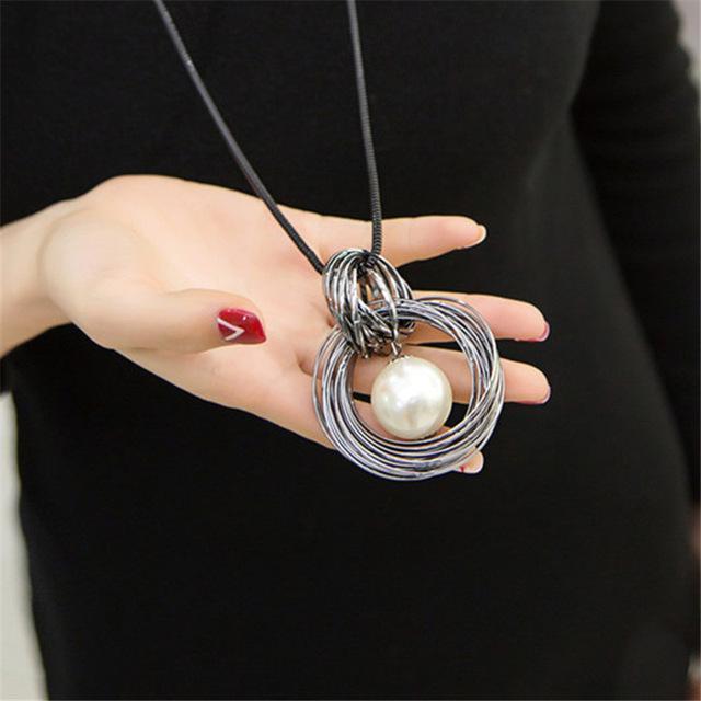 Ocean red white pearl ball pendant long necklace New circles simulated women black chain necklace fashion jewelry wholesale gift-white pearl-JadeMoghul Inc.