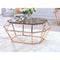 Octagon Shaped Glass Coffee Table With Geometric Metal Base, Copper-Coffee Tables-Copper-Metal Glass-JadeMoghul Inc.