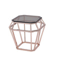 Octagon Shaped Glass End Table With Geometric Metal Base, Copper-Side and End Tables-Copper-Metal Glass-JadeMoghul Inc.