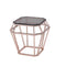 Octagon Shaped Glass End Table With Geometric Metal Base, Copper-Side and End Tables-Copper-Metal Glass-JadeMoghul Inc.