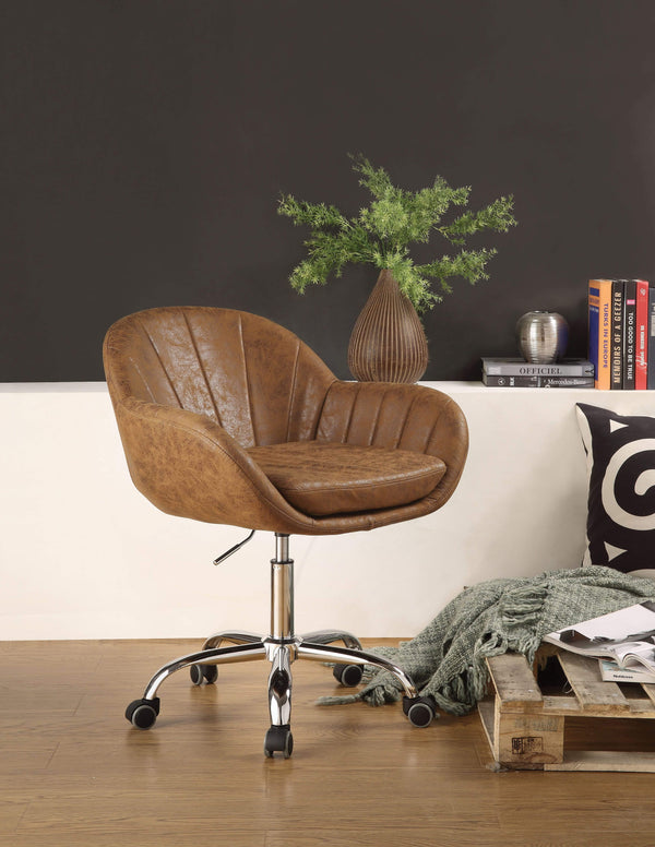 Office Chairs Tufted Leatherette Swivel Office Chair with Adjustable Height, Brown and Silver Benzara
