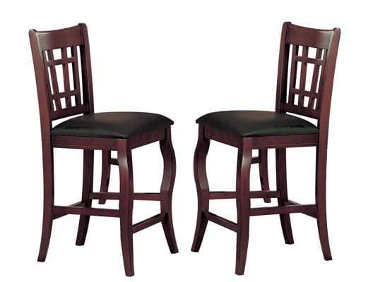 Wooden Counter Height Chair With Designer Back, Set of 2, Cherry Brown