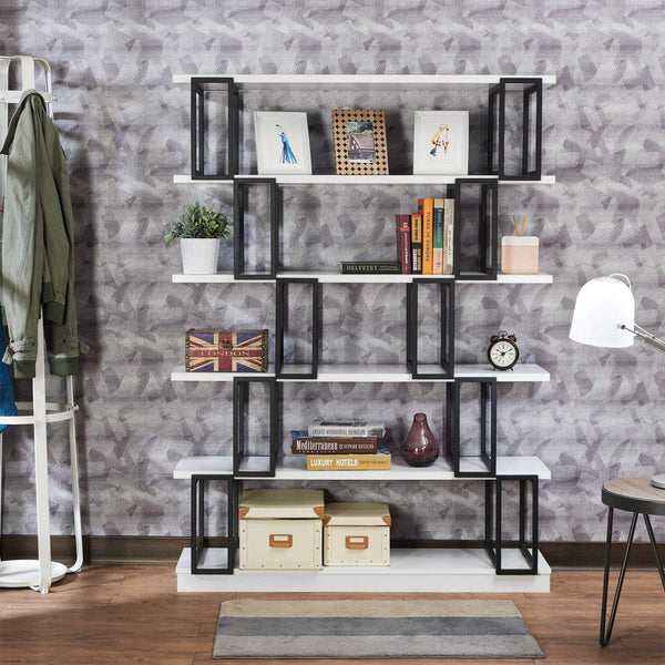Office White Bookshelf - 47" X 13" X 65" White & Black Wood Bookshelf HomeRoots