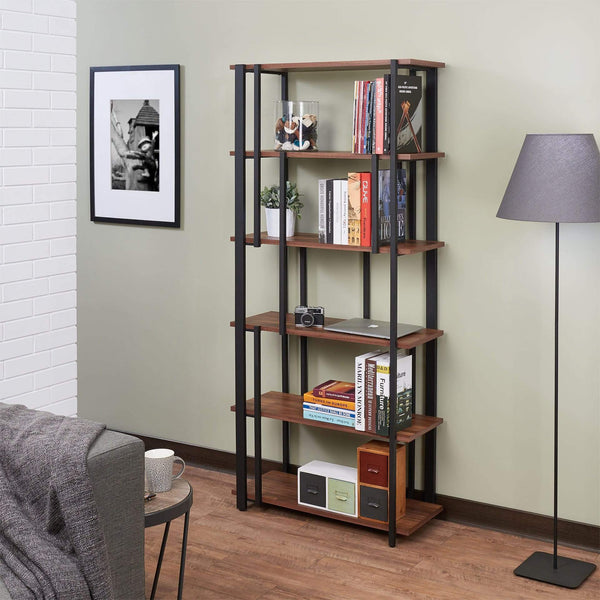 Office Wooden Bookshelf - 32" X 13" X 70" Walnut & Sandy Black Wood Bookshelf HomeRoots