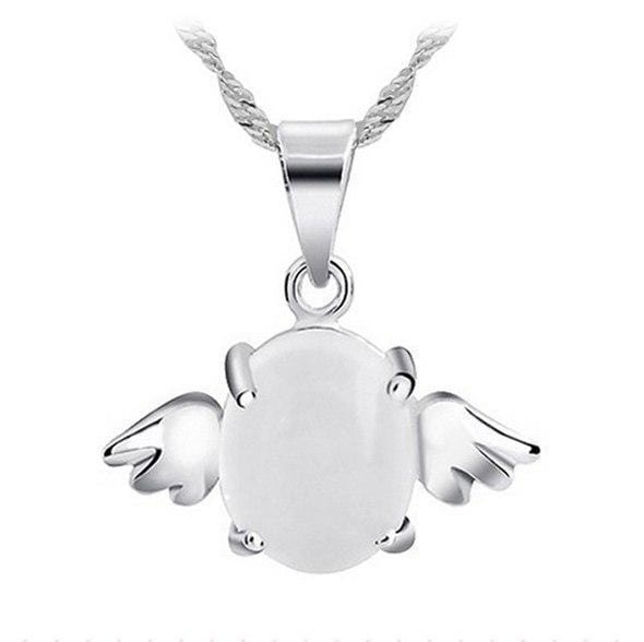 OMHXZJ Wholesale woman Angel wings Pink white Natural opal cat's eye 925 sterling silver NO Chain Necklace pendant Charms PE30 AExp