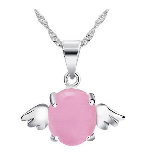 OMHXZJ Wholesale woman Angel wings Pink white Natural opal cat's eye 925 sterling silver NO Chain Necklace pendant Charms PE30 AExp
