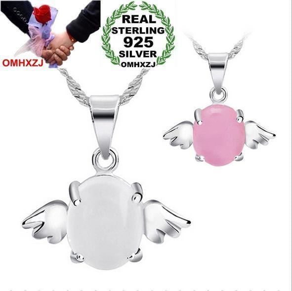 OMHXZJ Wholesale woman Angel wings Pink white Natural opal cat's eye 925 sterling silver NO Chain Necklace pendant Charms PE30-White-JadeMoghul Inc.