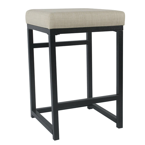 Open Back Metal Counter Stool with Fabric Upholstered Padded Seat, Beige and Black-Bar Stools & Tables-Beige and Black-Metal Plywood and Fabric-JadeMoghul Inc.