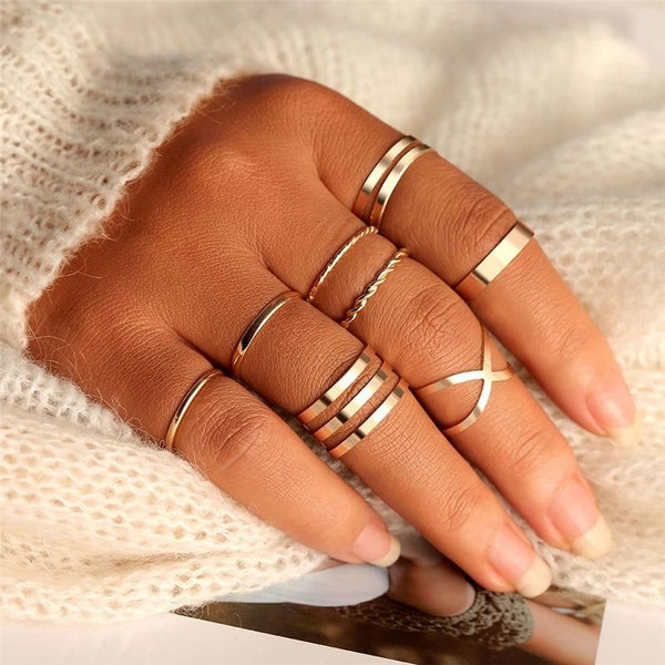 Original Design Gold Color Round Hollow Geometric Rings Set For Women Fashion Cross Twist Open Ring  Joint Ring Female Jewelry AExp
