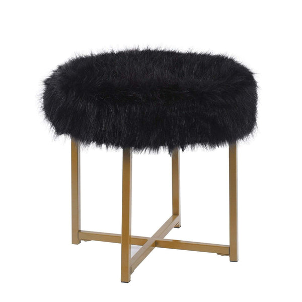Ottoman Round Faux Fur Upholstered Ottoman with X Shape Metal Base, Black and Gold Benzara