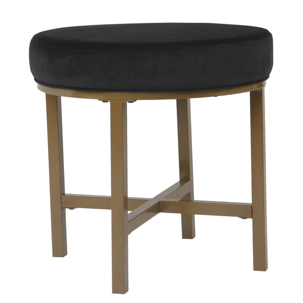 Ottoman Round Shape Metal Framed Ottoman with Velvet Upholstered Seat, Black and Brown Benzara
