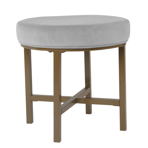 Ottoman Round Shape Metal Framed Ottoman with Velvet Upholstered Seat, Gray and Brown Benzara